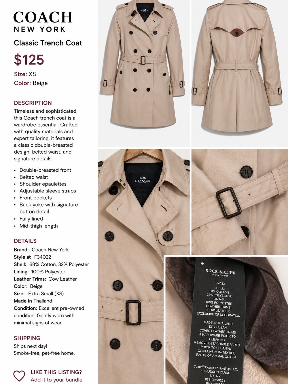 Coach Beige Double-Breasted Trench Coat with Belt